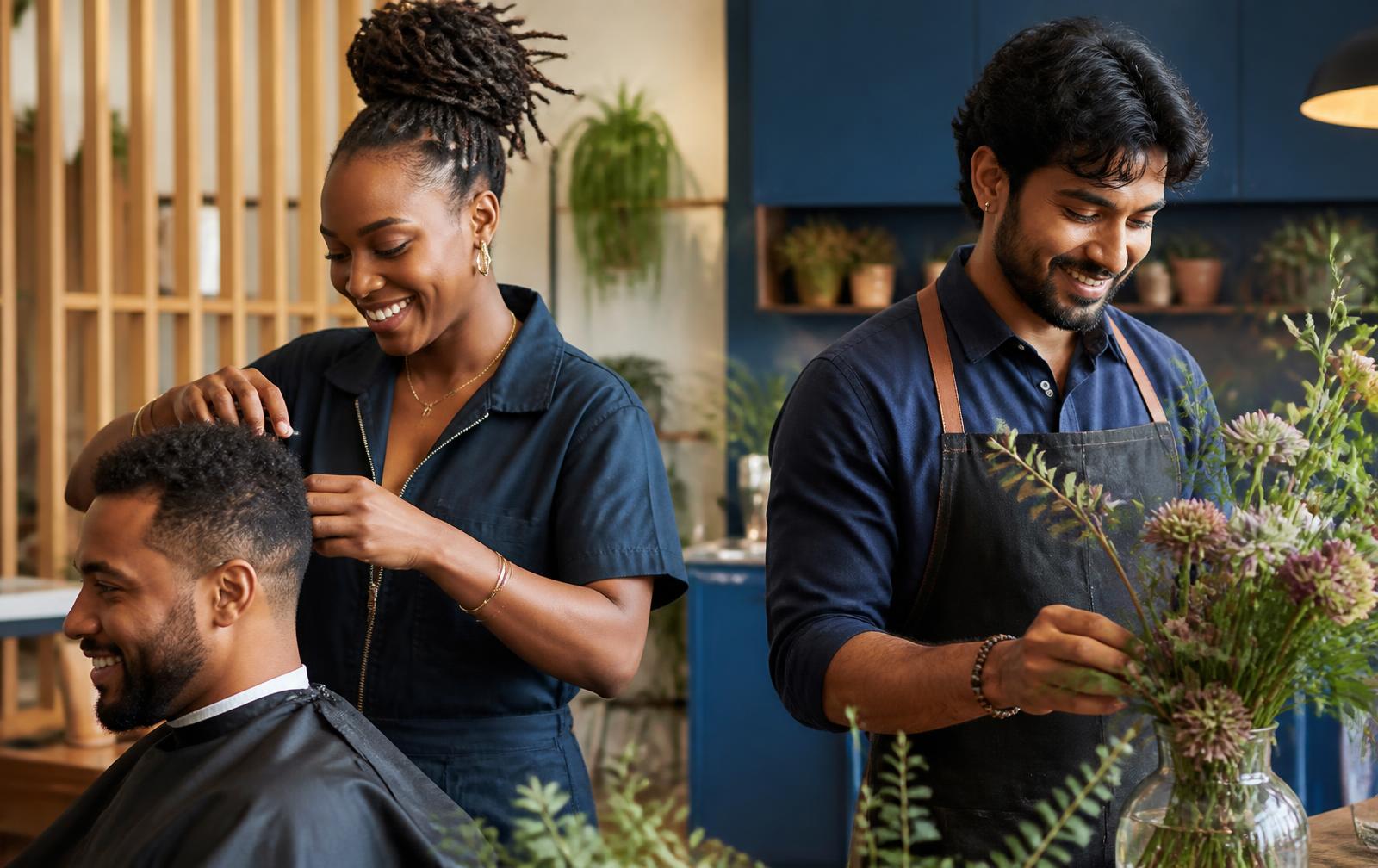 Barber and florist at work in their own studios