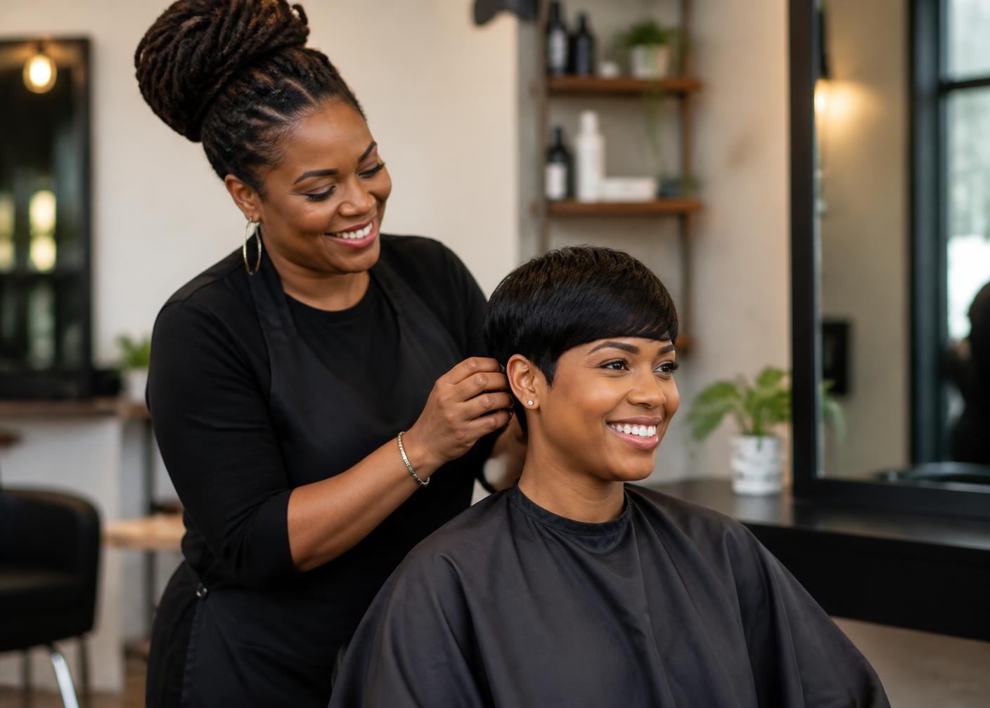 Hairstylist finishing a client's haircut in a bright salon