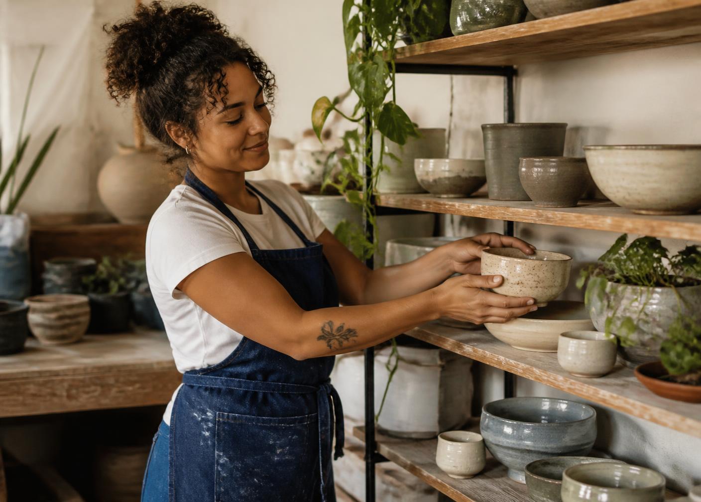 Ceramicist arranging her finished bowls on studio shelves