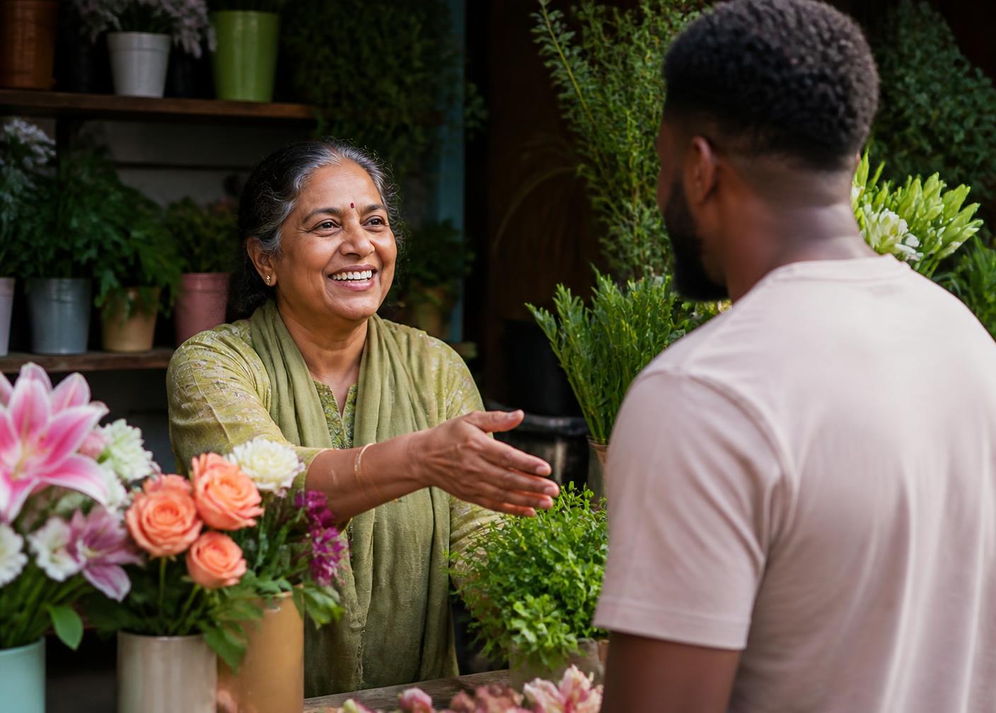 Florist warmly greeting a regular customer at her counter