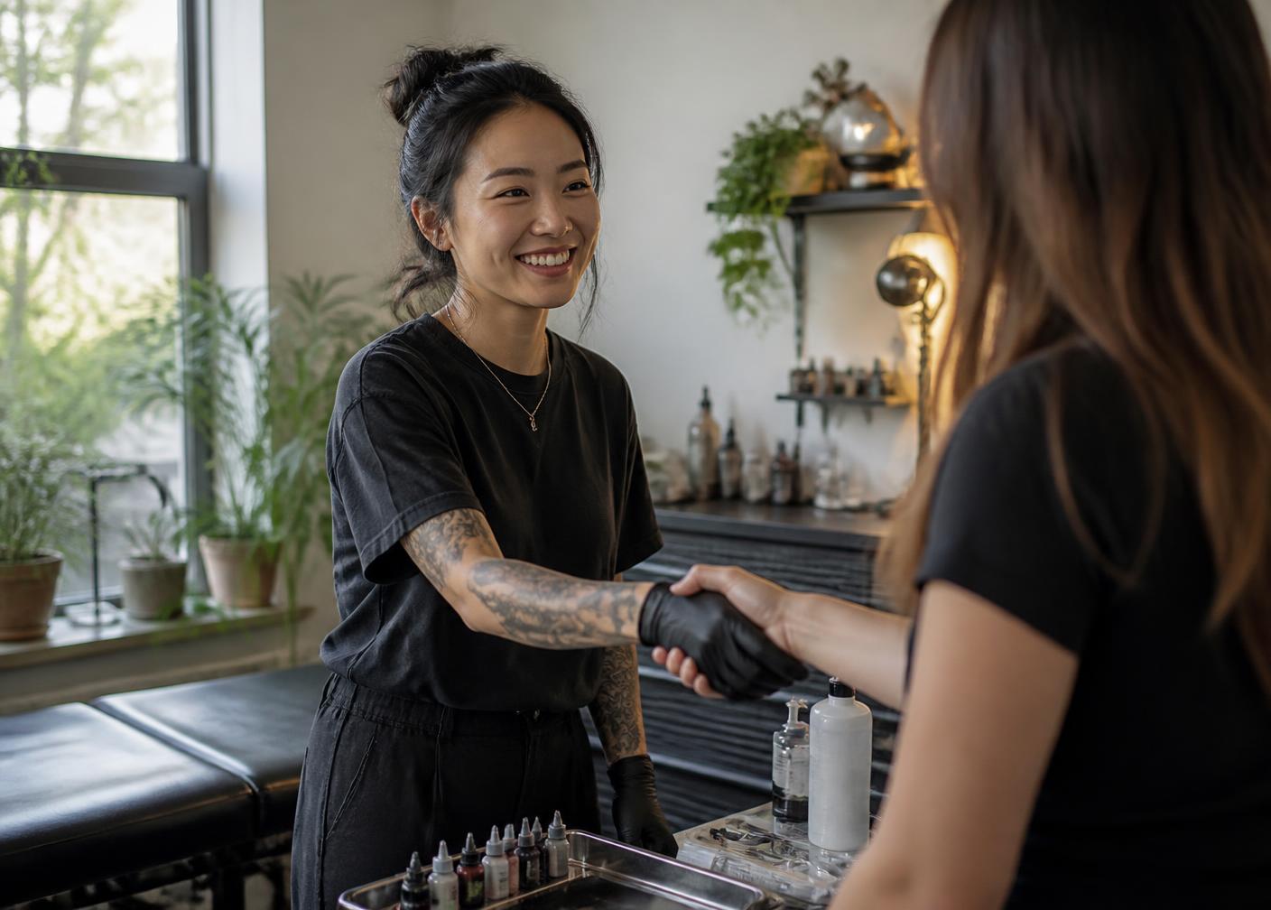 Tattoo artist welcoming a client into her studio