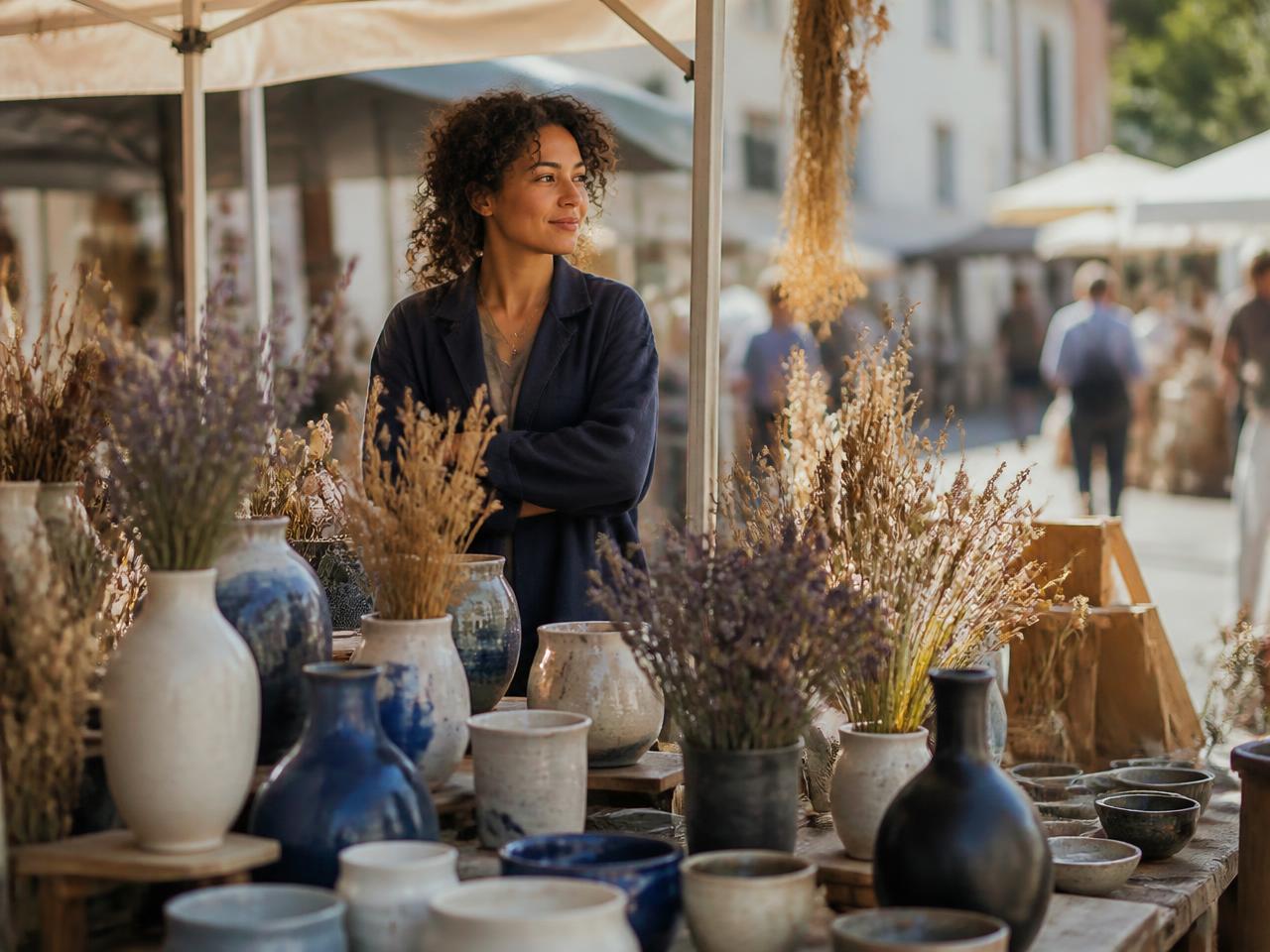 Ceramicist standing behind her handmade pottery stall at a sunny market