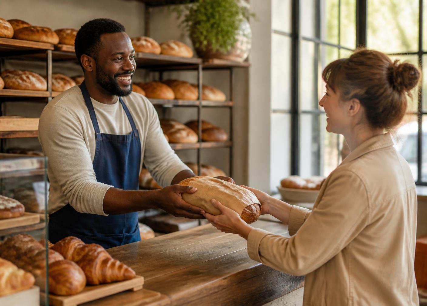Baker handing a fresh loaf to a customer over the counter