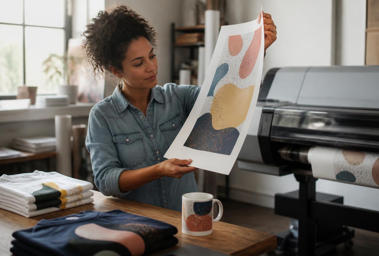 Designer checking a freshly printed poster next to printed shirts and a mug
