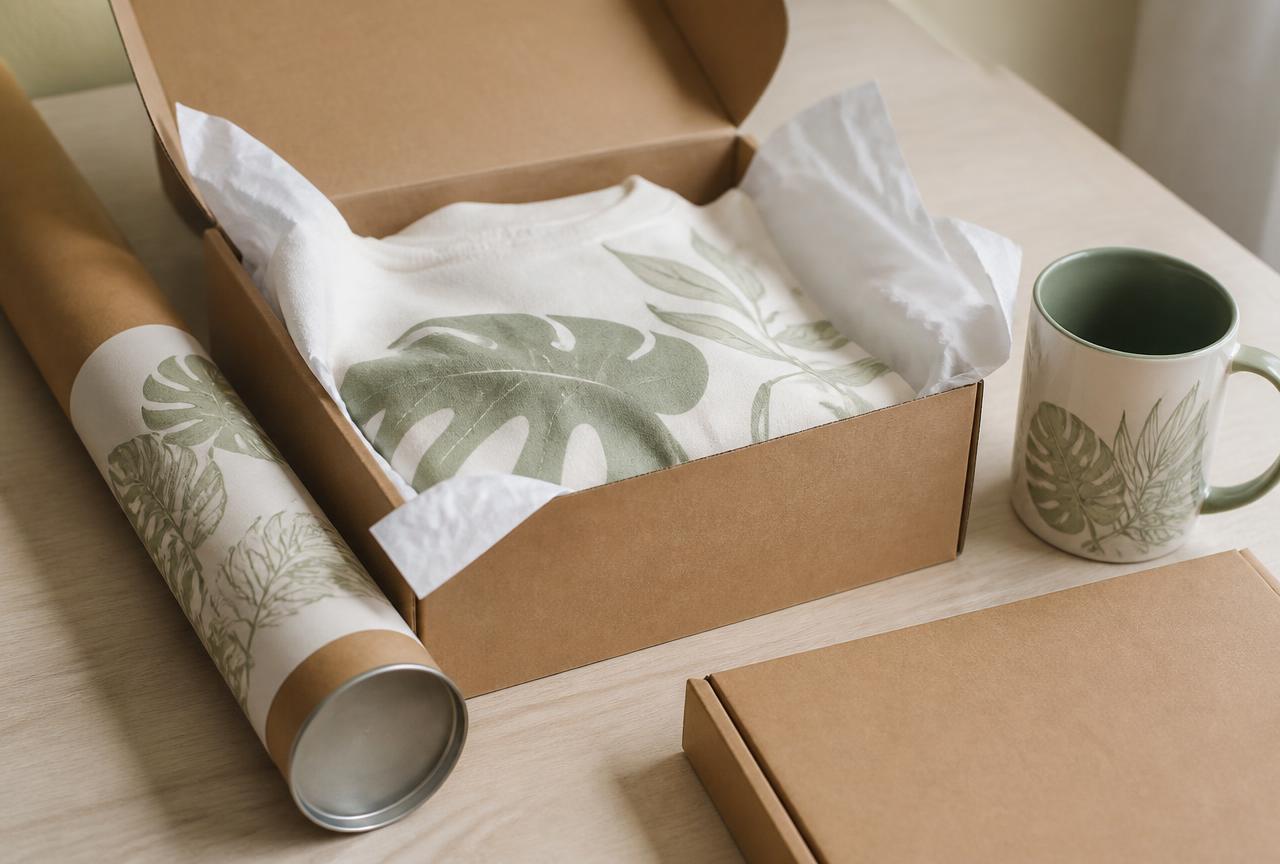 Printed t-shirt, poster tube and mug packed for shipping